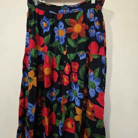 Vintage Navy Blue Floral Maxi Skirt High Waist Cottagecore Boho Tiered Red Blue - Picture 5 of 7